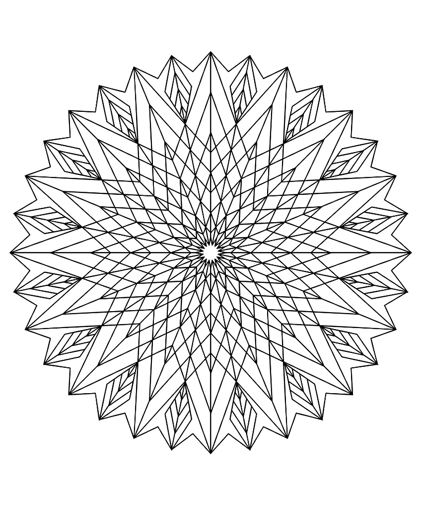 Mandala à télécharger très graphique avec une succession de forme donnant une magnifique fleur prenant l'intégralité du dessin.